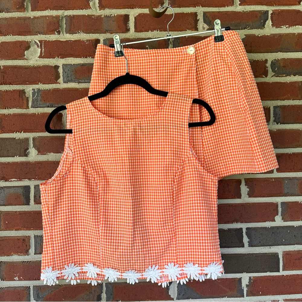 Orange Gingham Top and Skirt Set with Daisy Trim